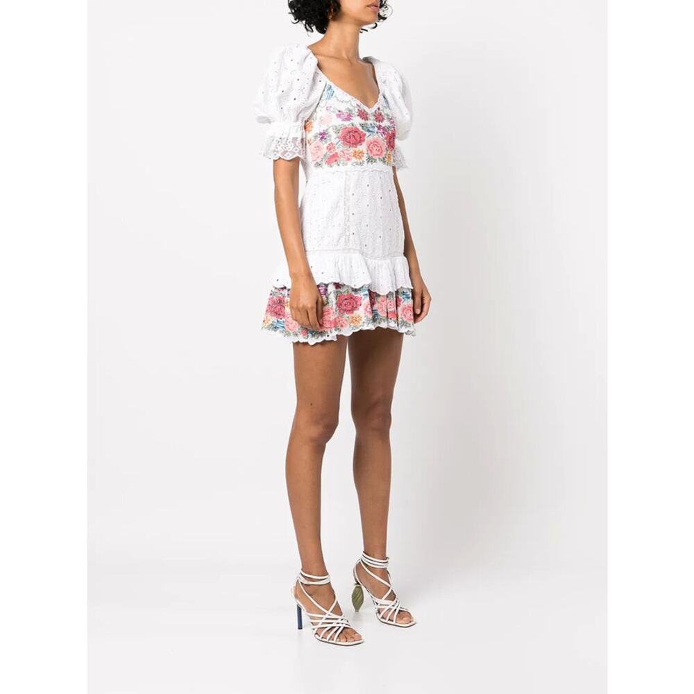 New LoveShackFancy Thressey Mini Dress White Embroidered Floral Ruffled Sz 8 - Picture 3 of 14